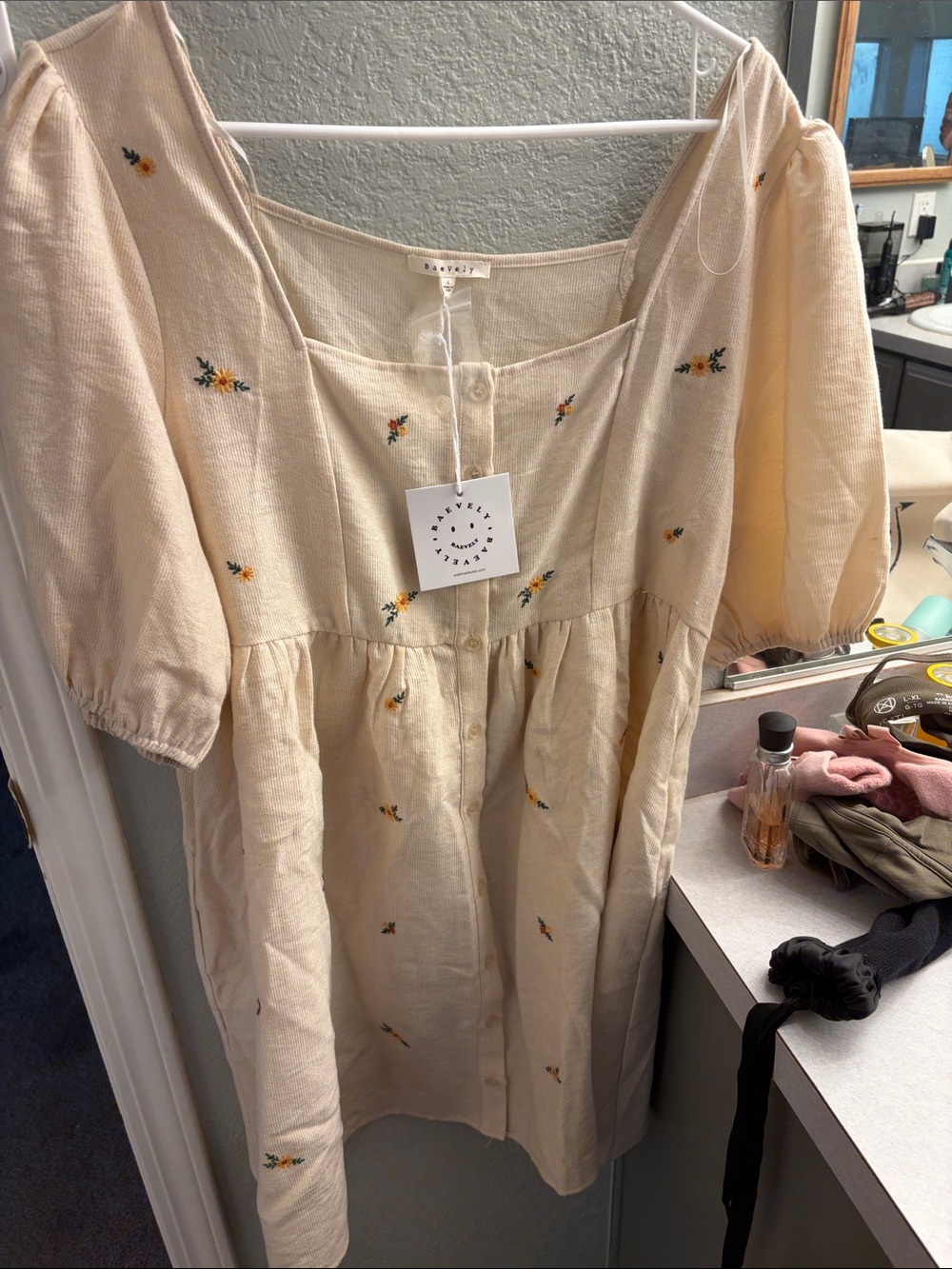 Revelry Cream Mini Dress with Petite Floral Embroidery